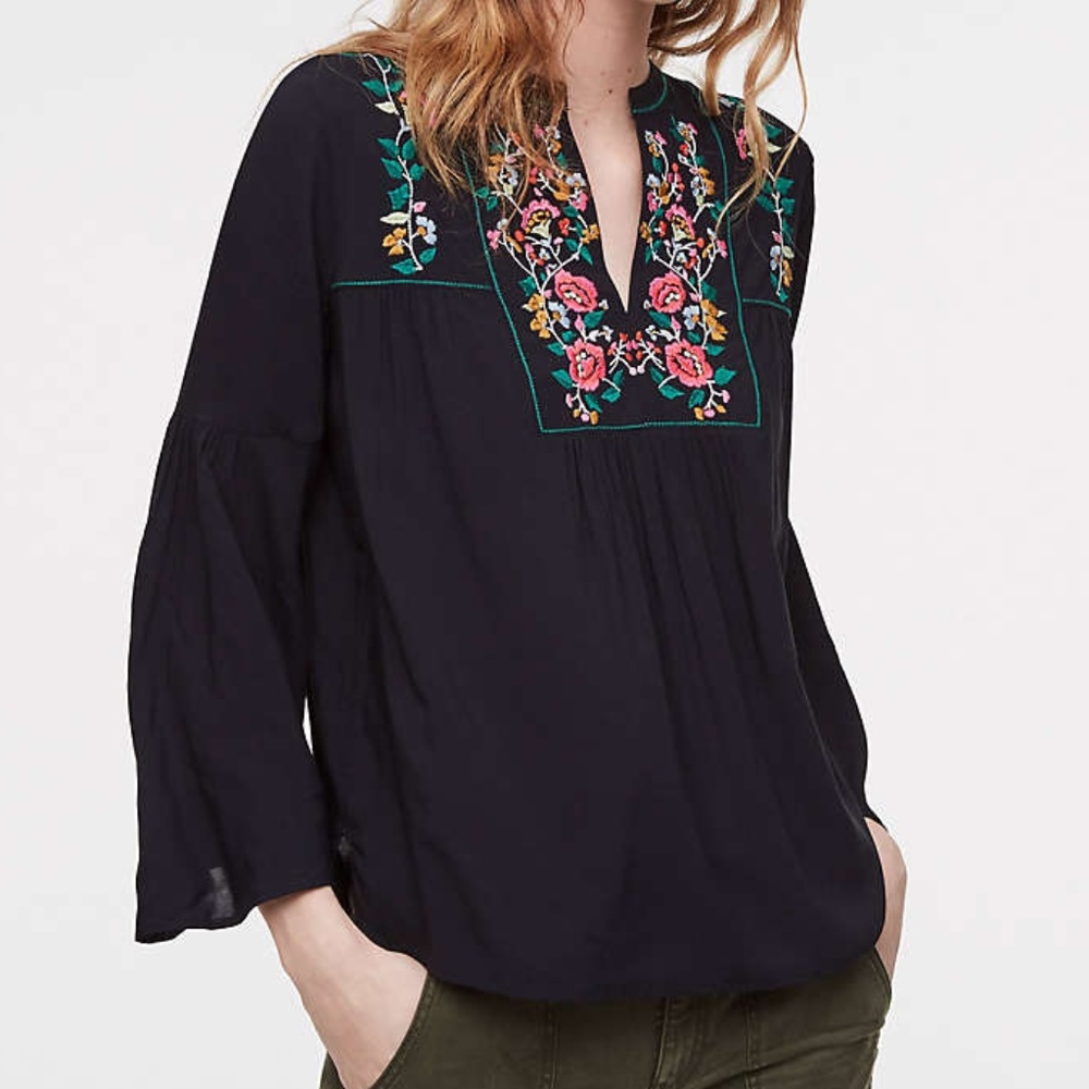 LOFT Petite Embroidered Bell Sleeve Top.